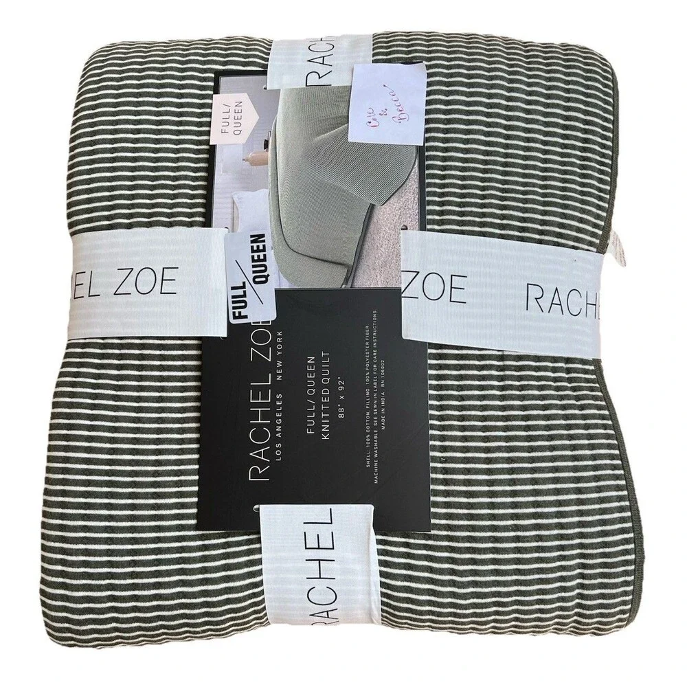 Rachel Zoe Green and White Striped Cotton Knitted Quilt Full Queen Textured New